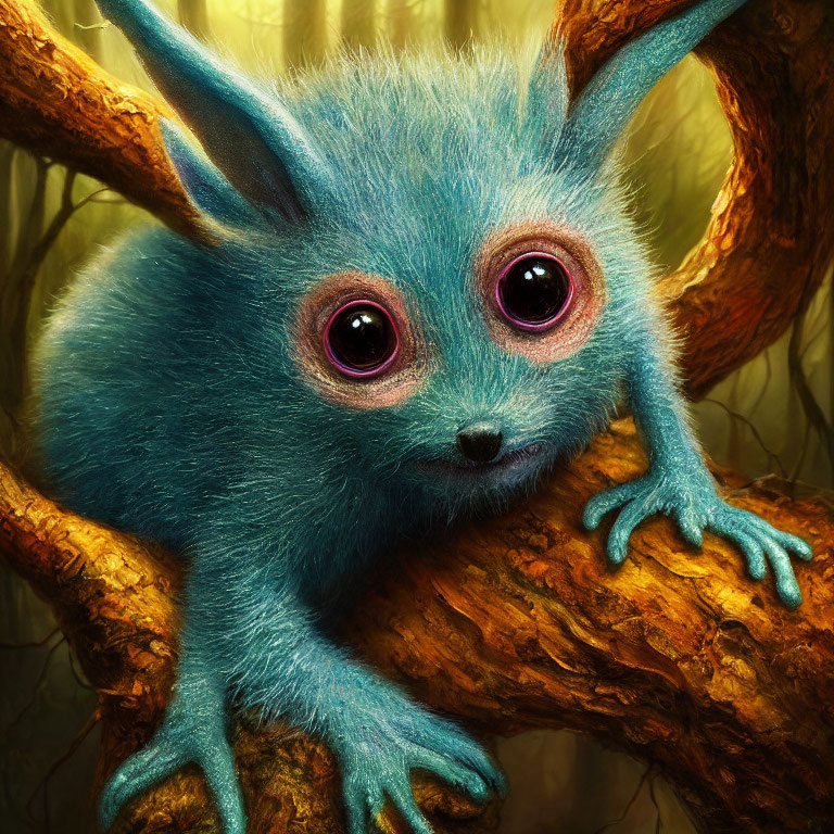 Blue fluffy creature with pink eyes on tree branch: Enchanting and curious presence