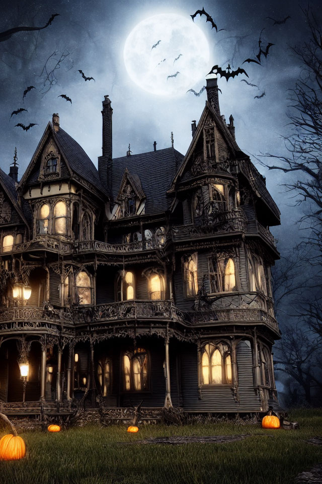 Gothic-style mansion with bats, moonlit sky, and pumpkins