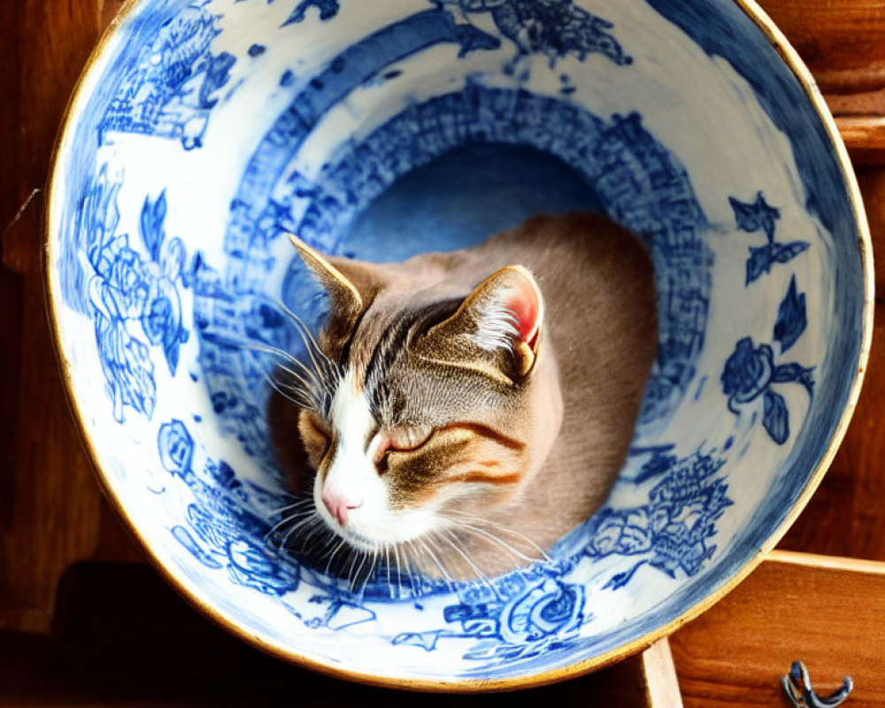 Cat curled up in blue and white porcelain bowl on wood surface