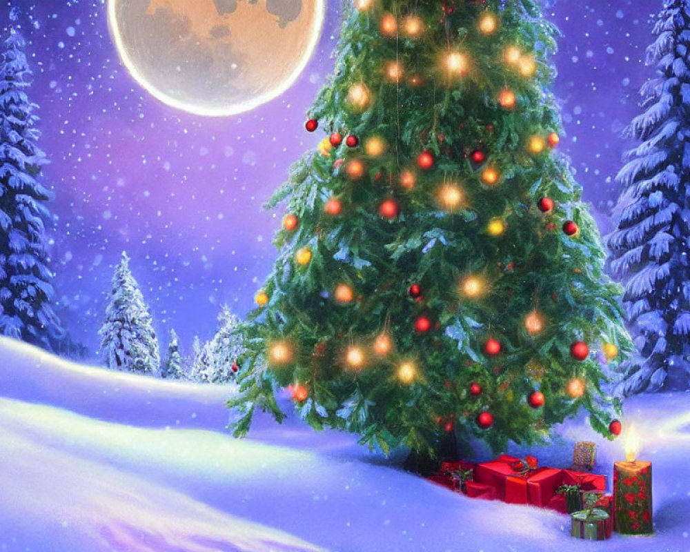 Decorated Christmas tree with lights and presents in snowy landscape.