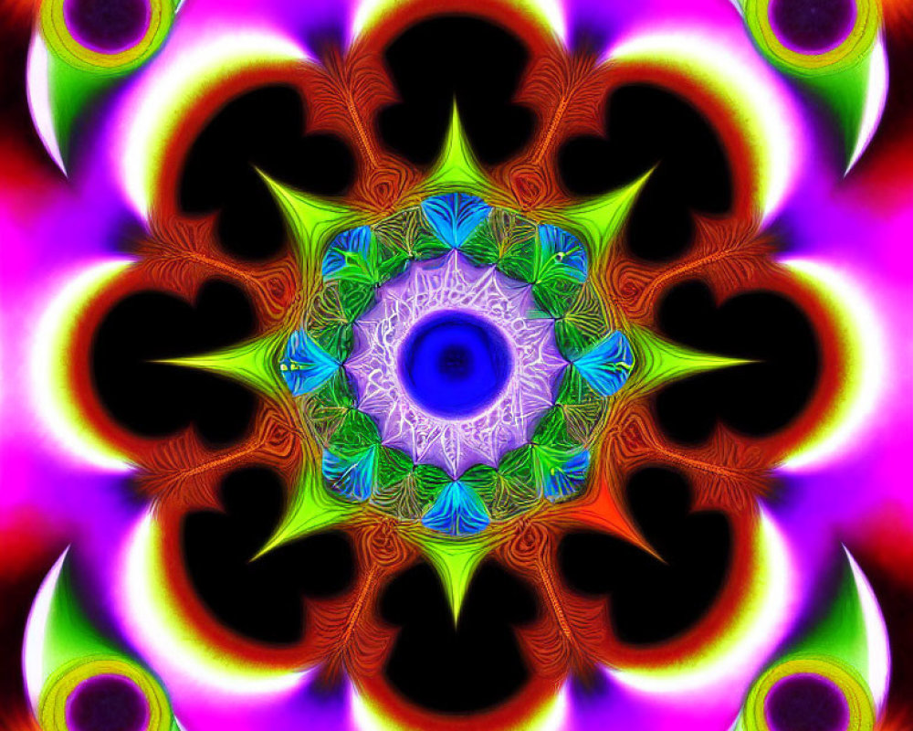 Fractal Image: Central Blue Starburst with Eye-Like Motifs