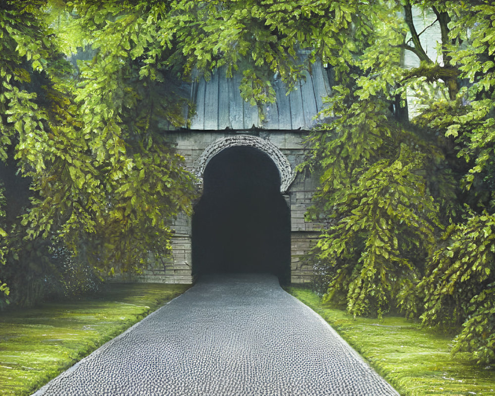 Cobblestone Path to Arched Tunnel Entrance Amid Lush Foliage