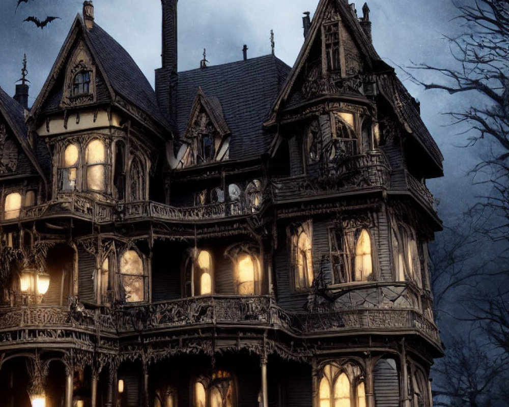 Gothic-style mansion with bats, moonlit sky, and pumpkins