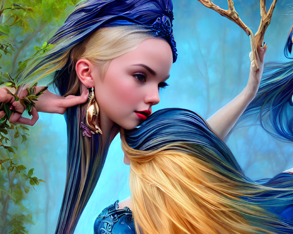 Digital artwork featuring woman with blue and blonde hair and detailed headdress in forest.