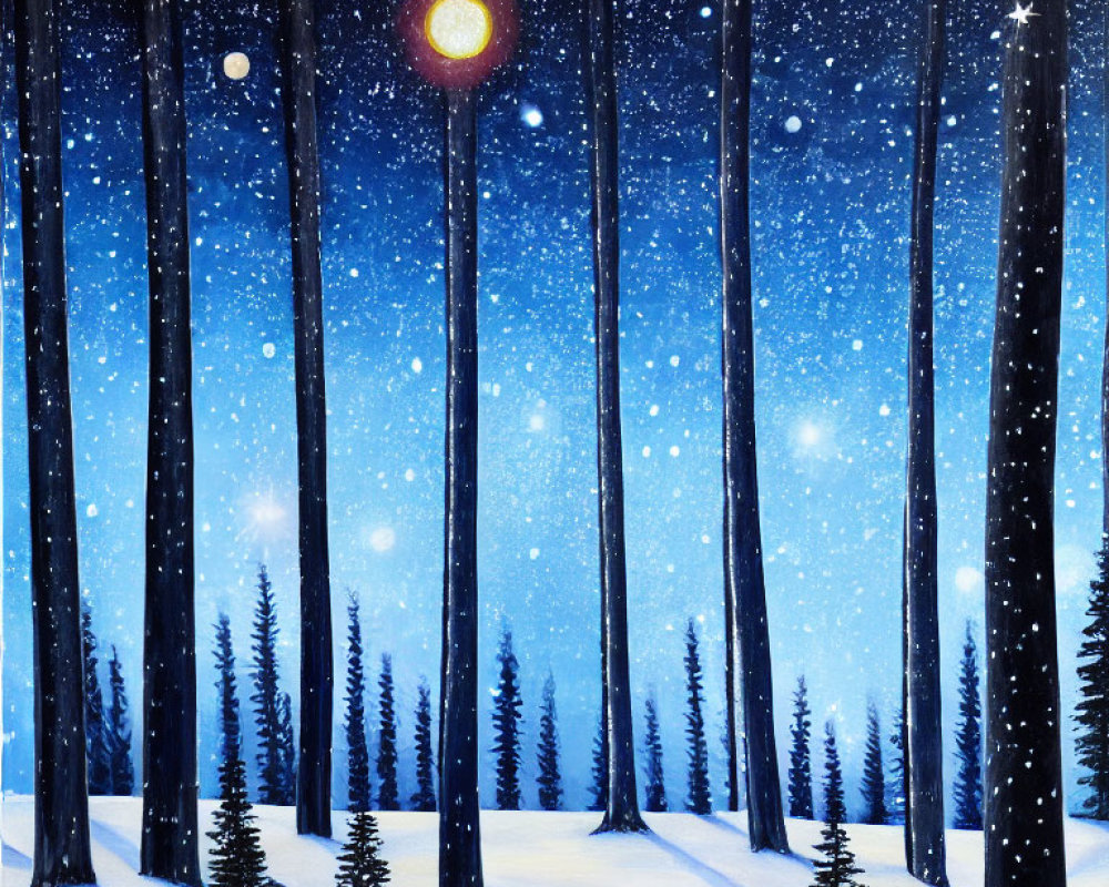 Wintry Forest Night Scene with Tall Trees and Falling Snow