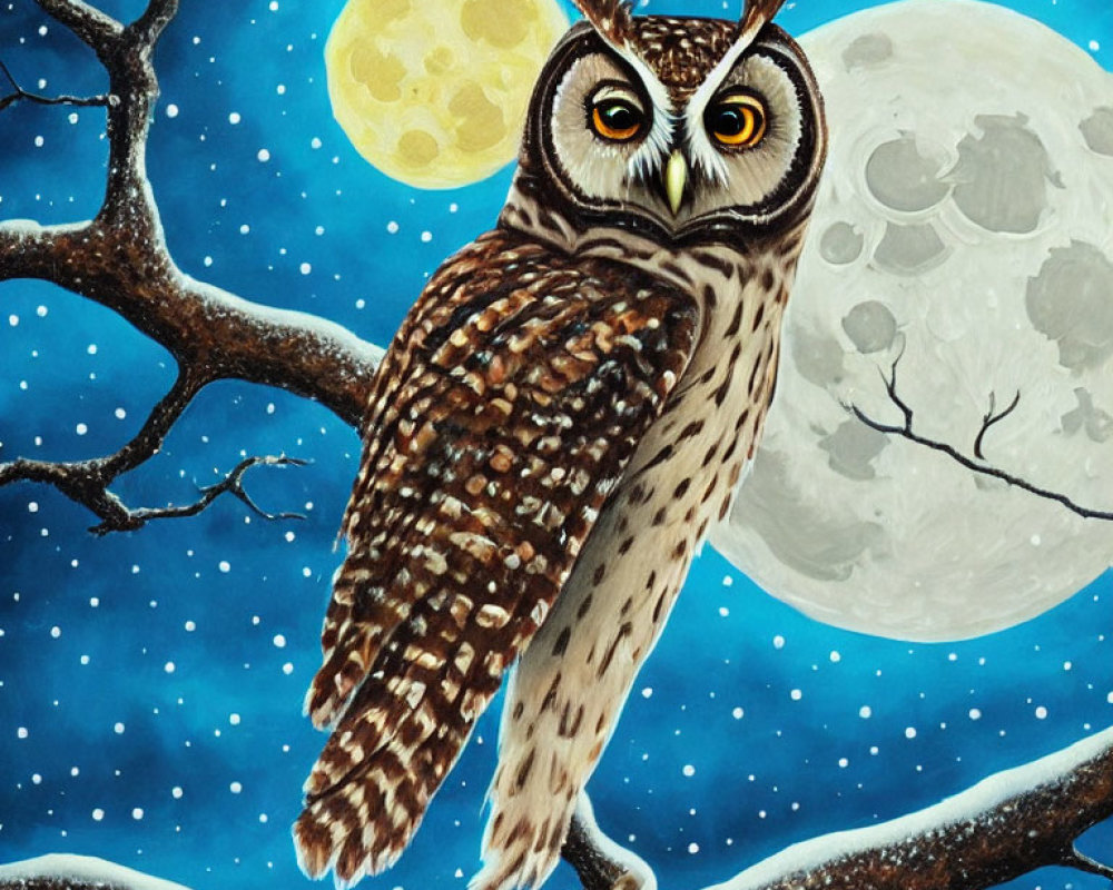 Illustrated owl on tree branch under full moon and snowflakes.