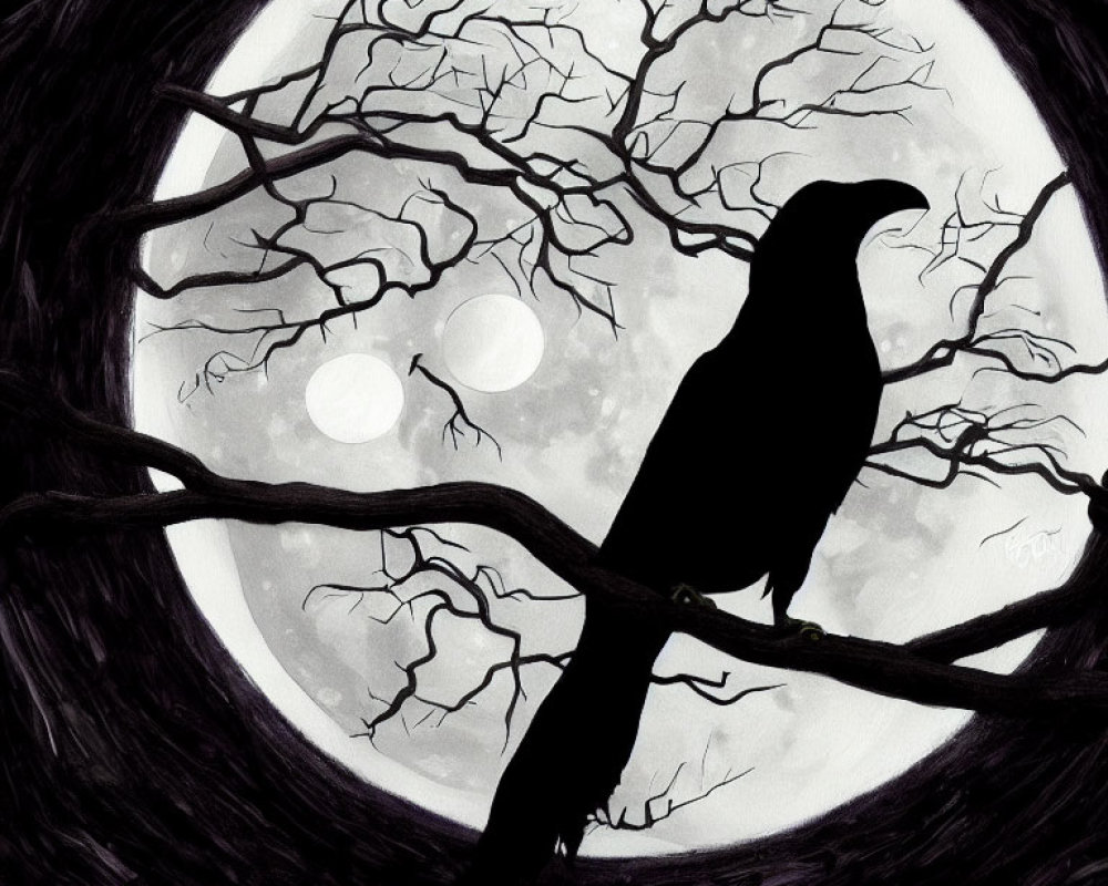 Silhouette of raven on branch against full moon and bare trees.