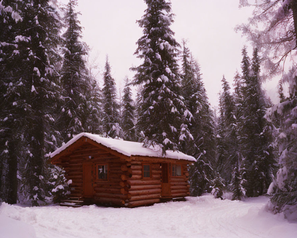 Snow-covered wooden cabin in serene winter forest