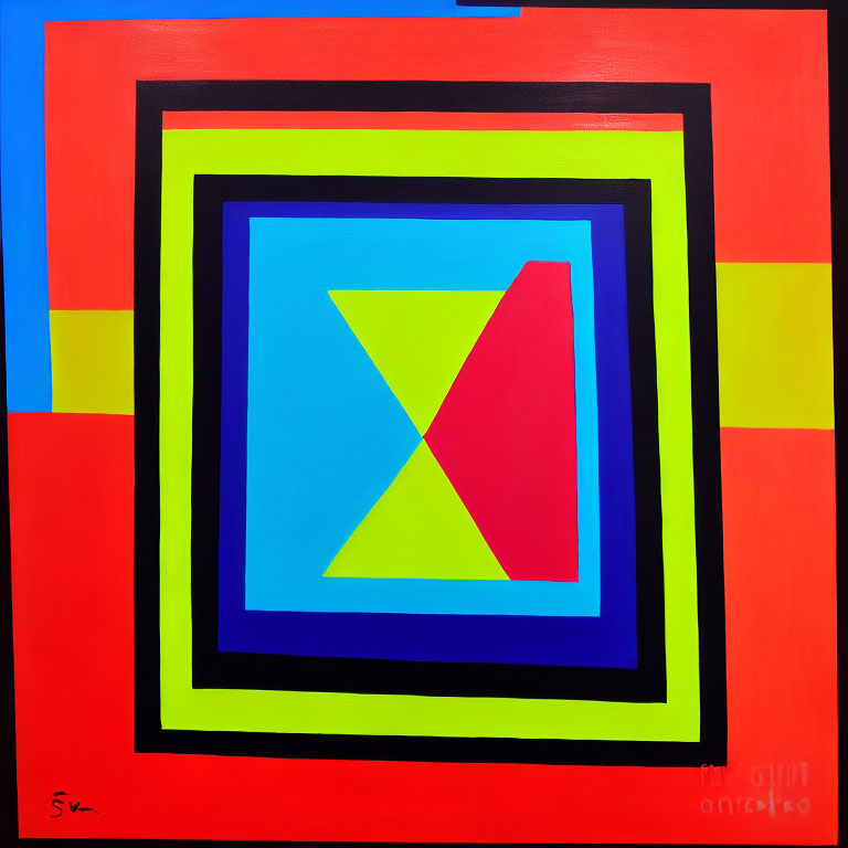 Colorful Abstract Geometric Painting with Central Red X