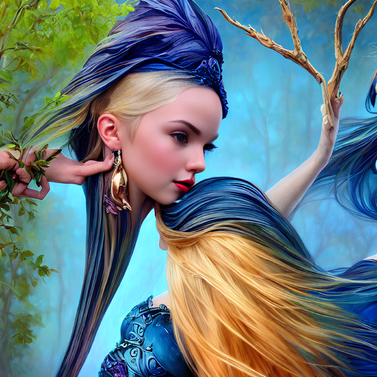 Digital artwork featuring woman with blue and blonde hair and detailed headdress in forest.