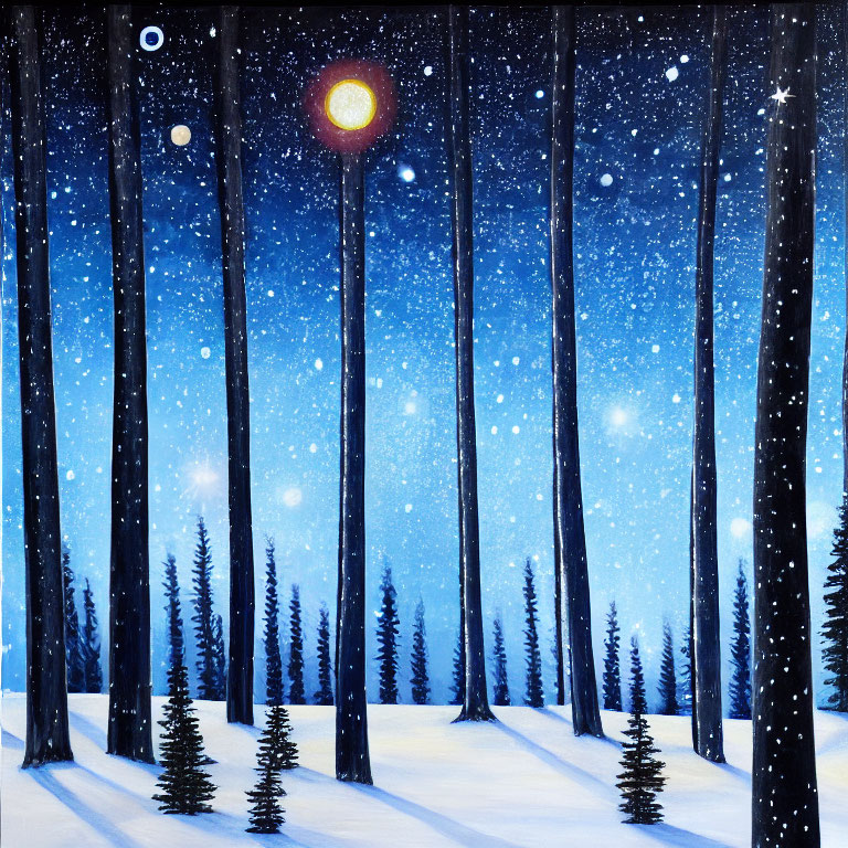 Wintry Forest Night Scene with Tall Trees and Falling Snow