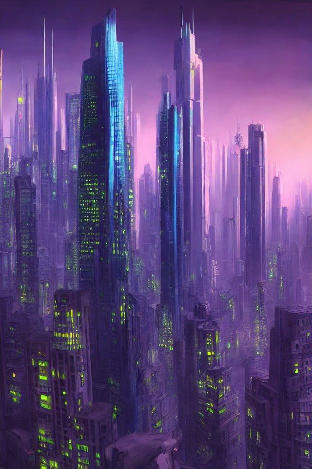 Futuristic cityscape with glowing skyscrapers at dusk