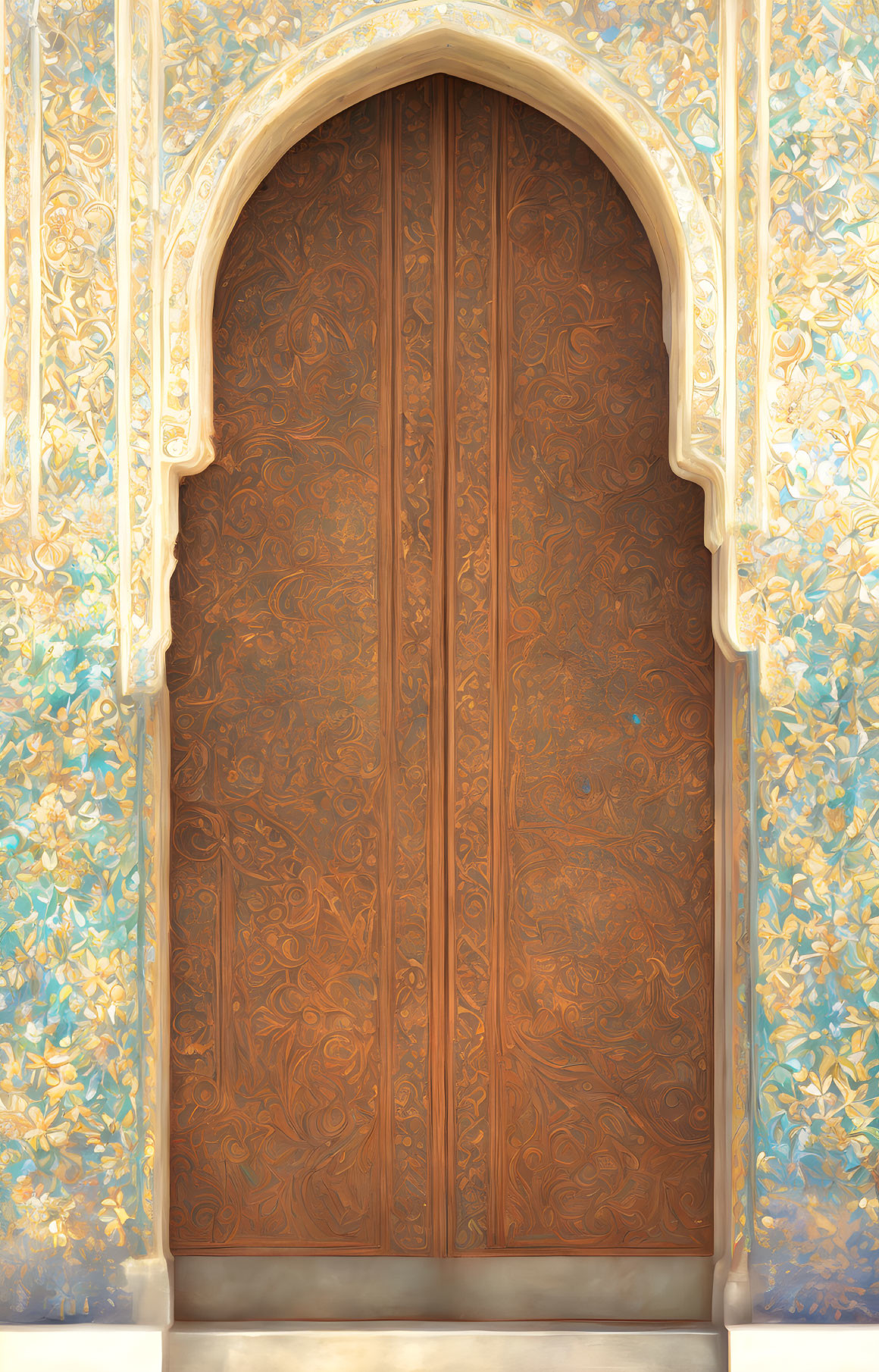 Intricate wooden door in arched frame with floral mosaic wall