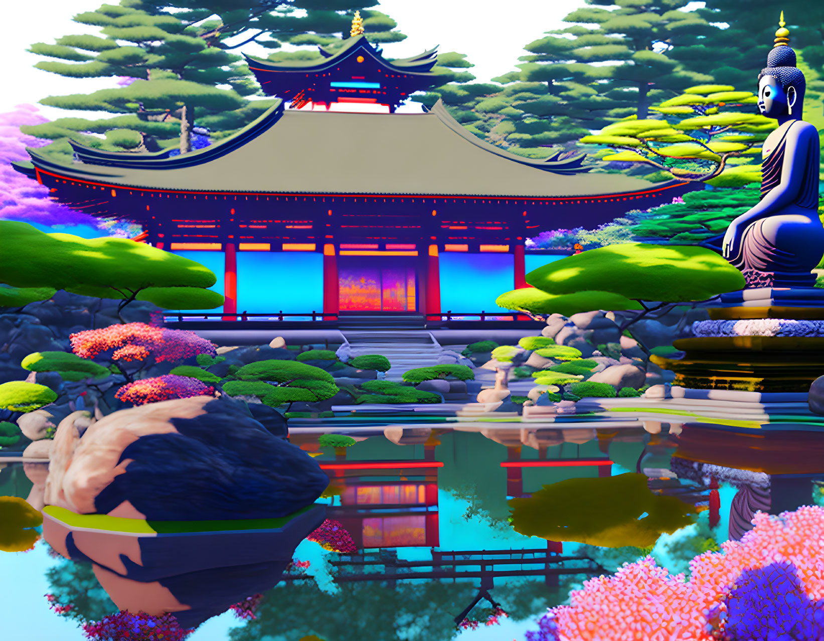 Tranquil Japanese garden with Buddha statue, vibrant flora, and temple