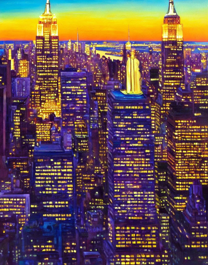 Colorful Dusk Cityscape with Illuminated Skyscrapers and Gradient Sky
