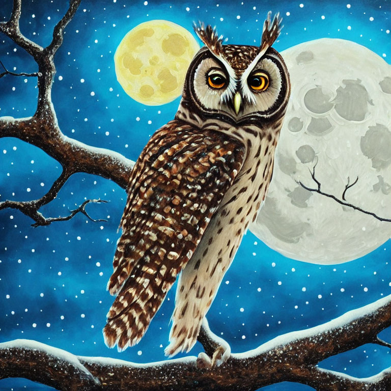 Illustrated owl on tree branch under full moon and snowflakes.