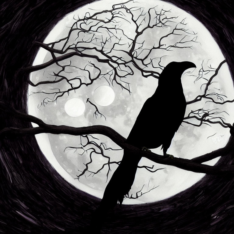 Silhouette of raven on branch against full moon and bare trees.