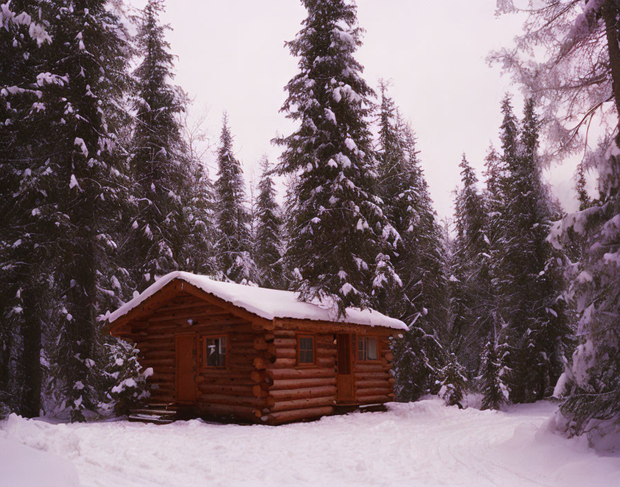 Snow-covered wooden cabin in serene winter forest