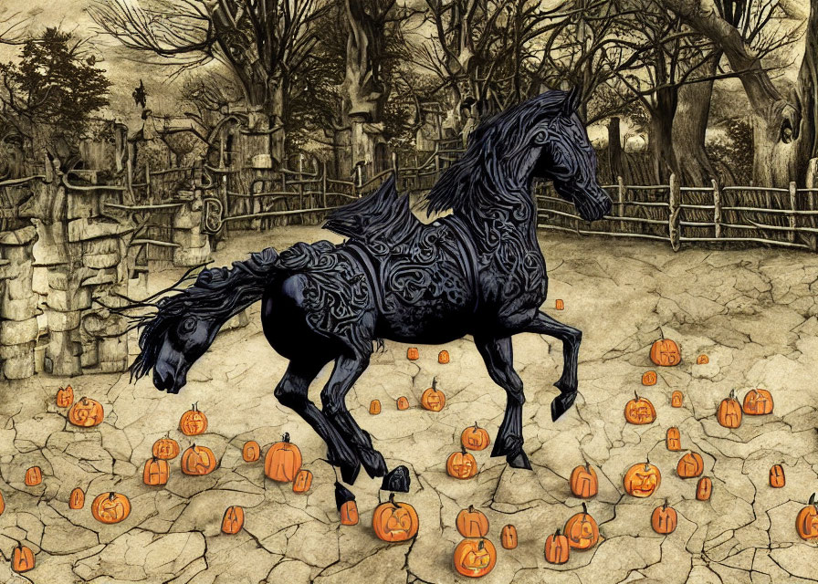 Stylized black horse with intricate patterns among pumpkins and bare trees