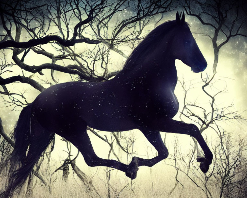 Majestic black horse galloping in mystical forest