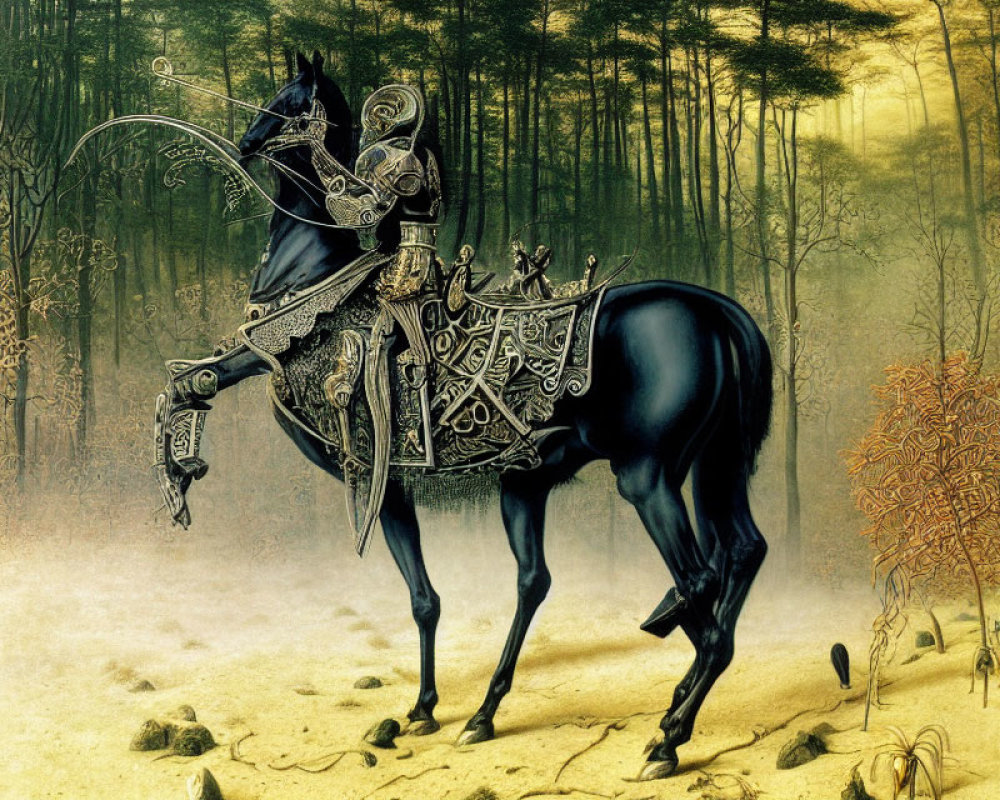 Knight in ornate armor on black horse in forest clearing - medieval/fantasy setting