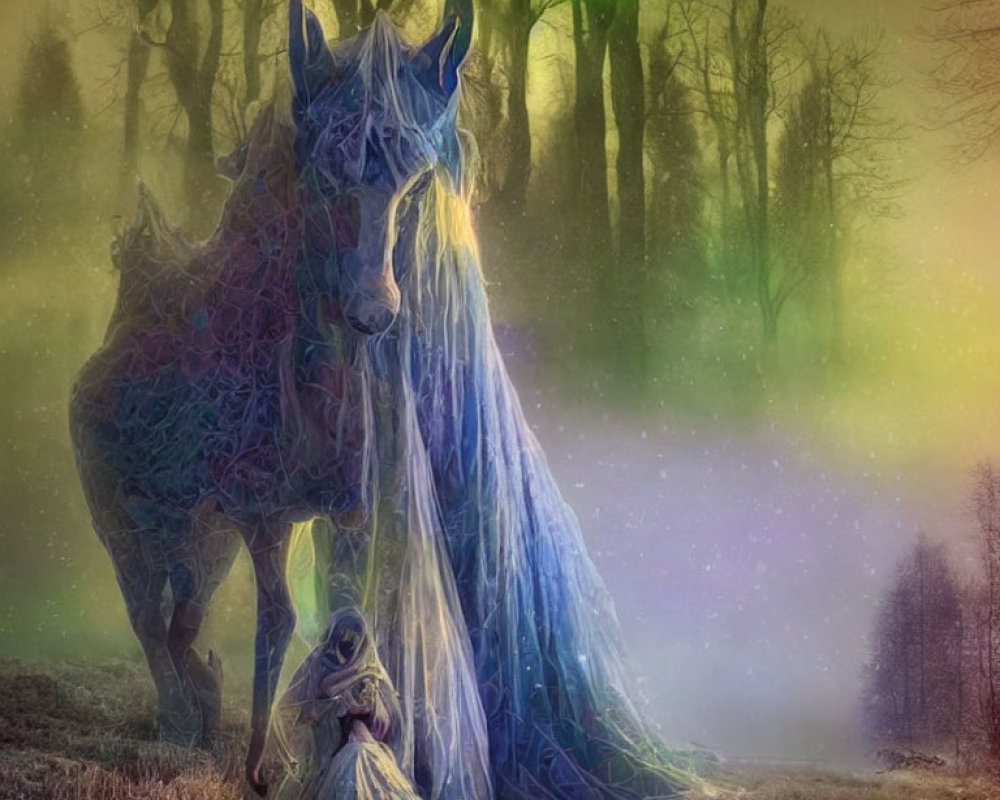 Ethereal blue horse and cloaked figure in mystical forest