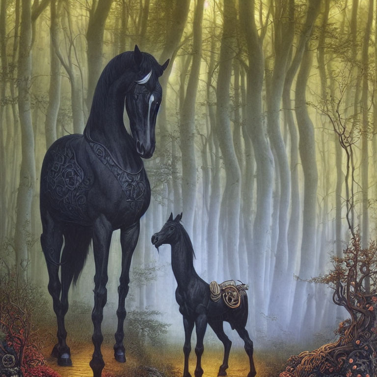 Majestic black horse and foal in mystical forest with sun rays