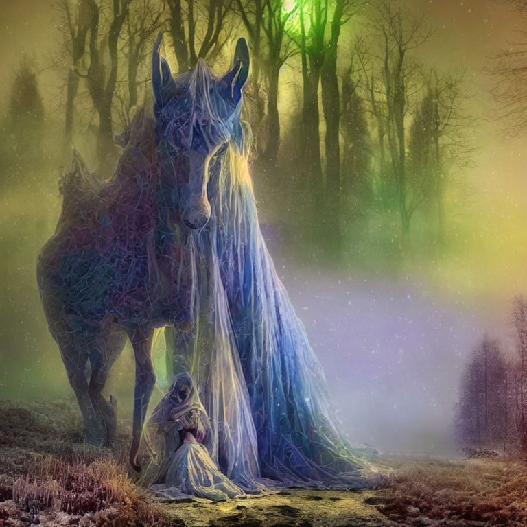 Ethereal blue horse and cloaked figure in mystical forest