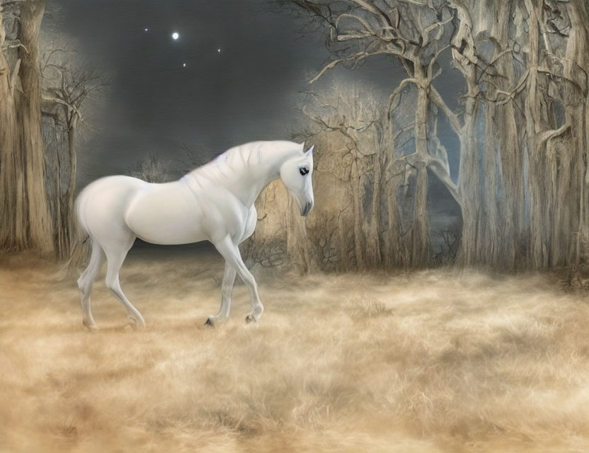 White horse in mystical forest with barren trees under night sky