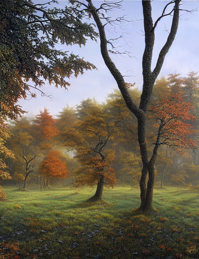 Vibrant autumn forest with misty background and sunlight filtering through