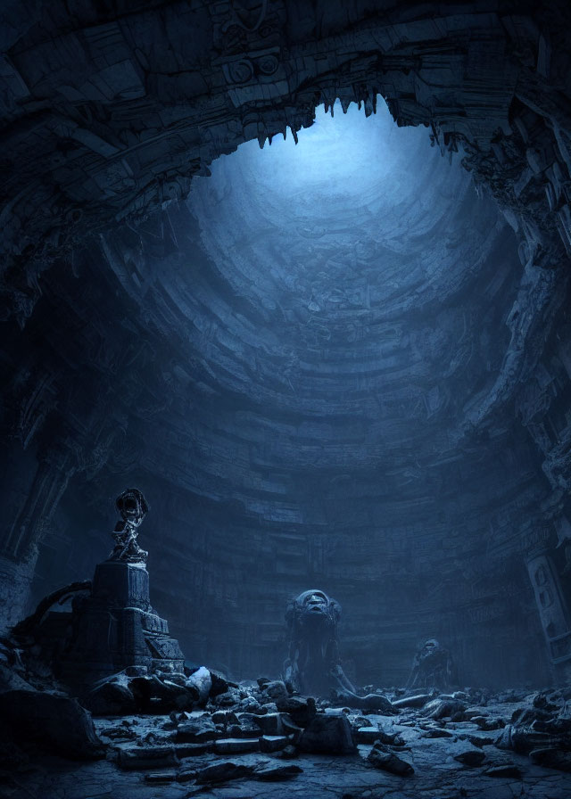 Mysterious figures and ornate statue in dimly lit cavern