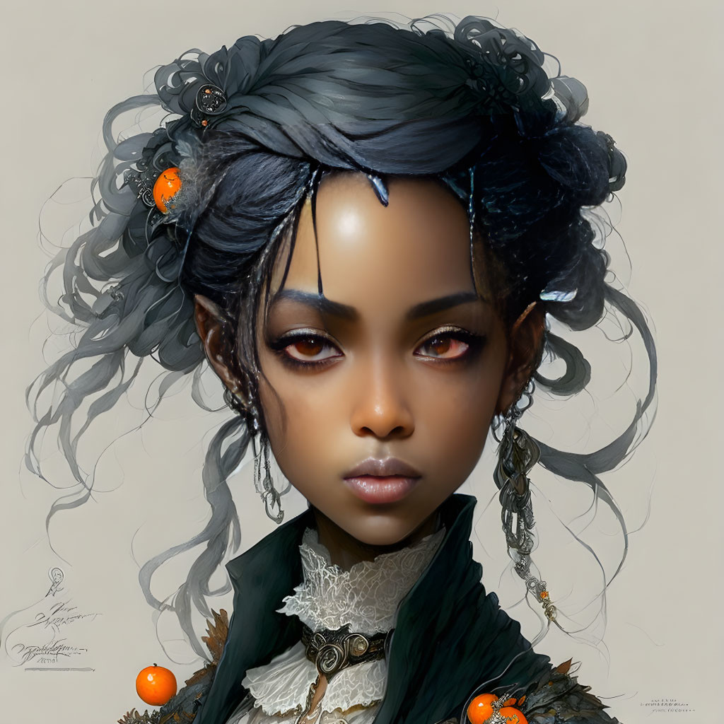 Detailed illustration of woman with black and blue hair, flowers, berries, amber eyes, Victorian attire