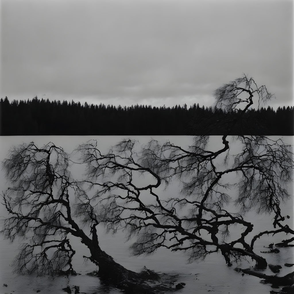 Monochromatic bare tree silhouette by calm lake and forested horizon.