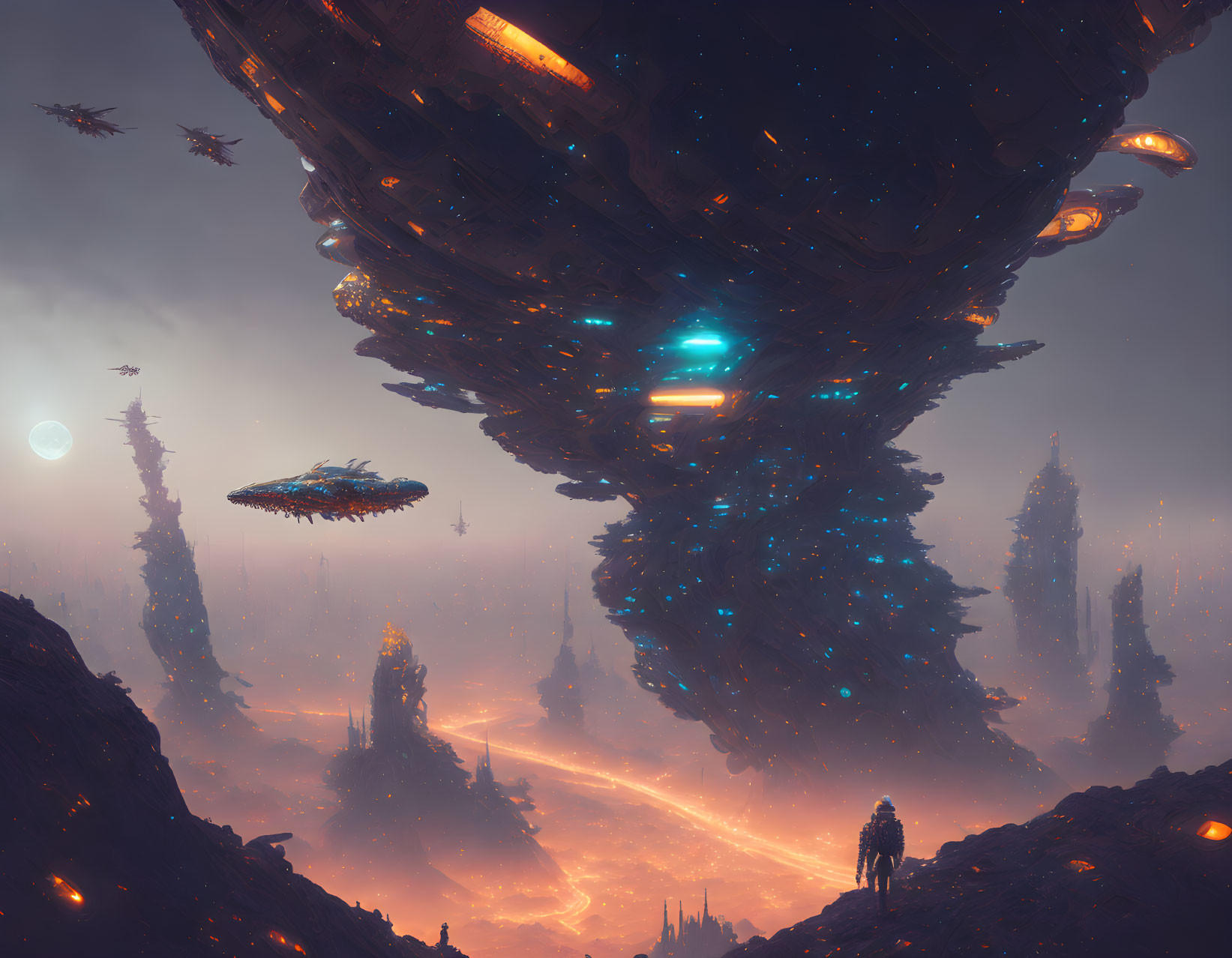 Futuristic sci-fi landscape with colossal alien ships and glowing cityscape