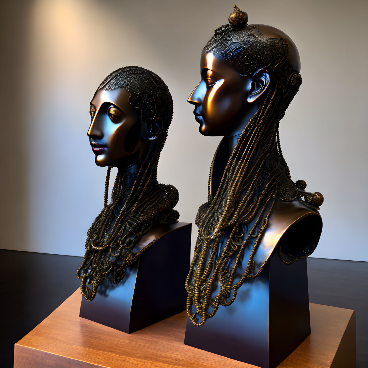 Black sculptural busts with braided hair and golden accents on pedestals