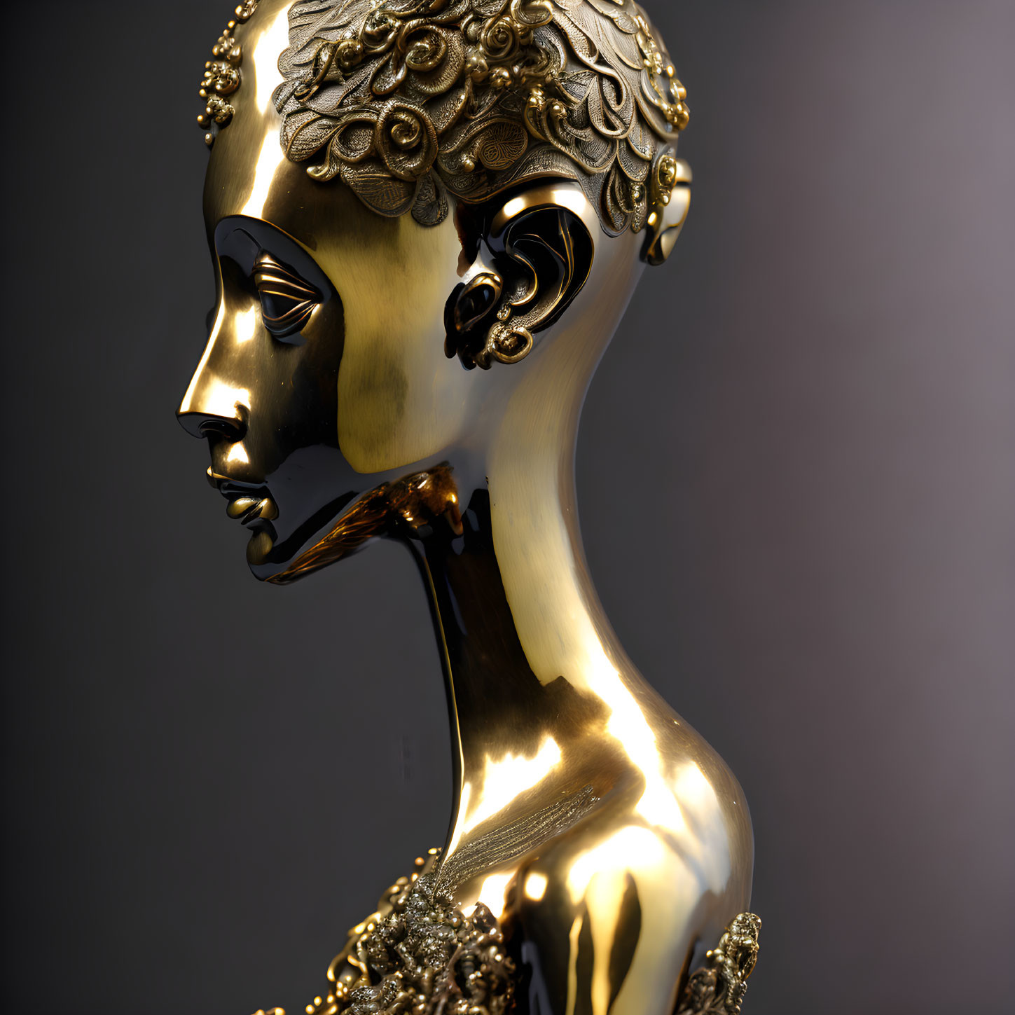 Golden metallic humanoid sculpture with floral details on gray background