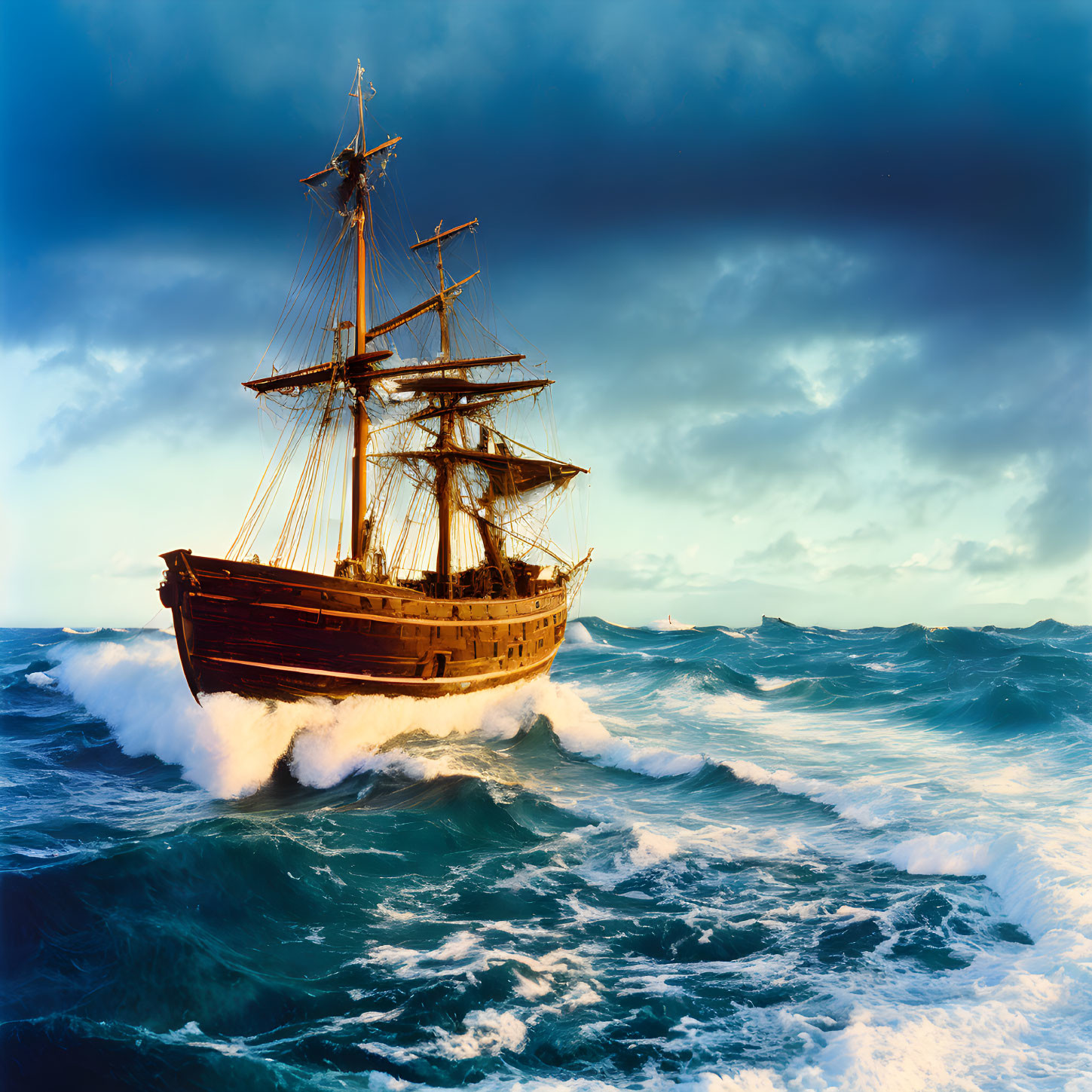 Vintage sailing ship in turbulent sea under stormy sky