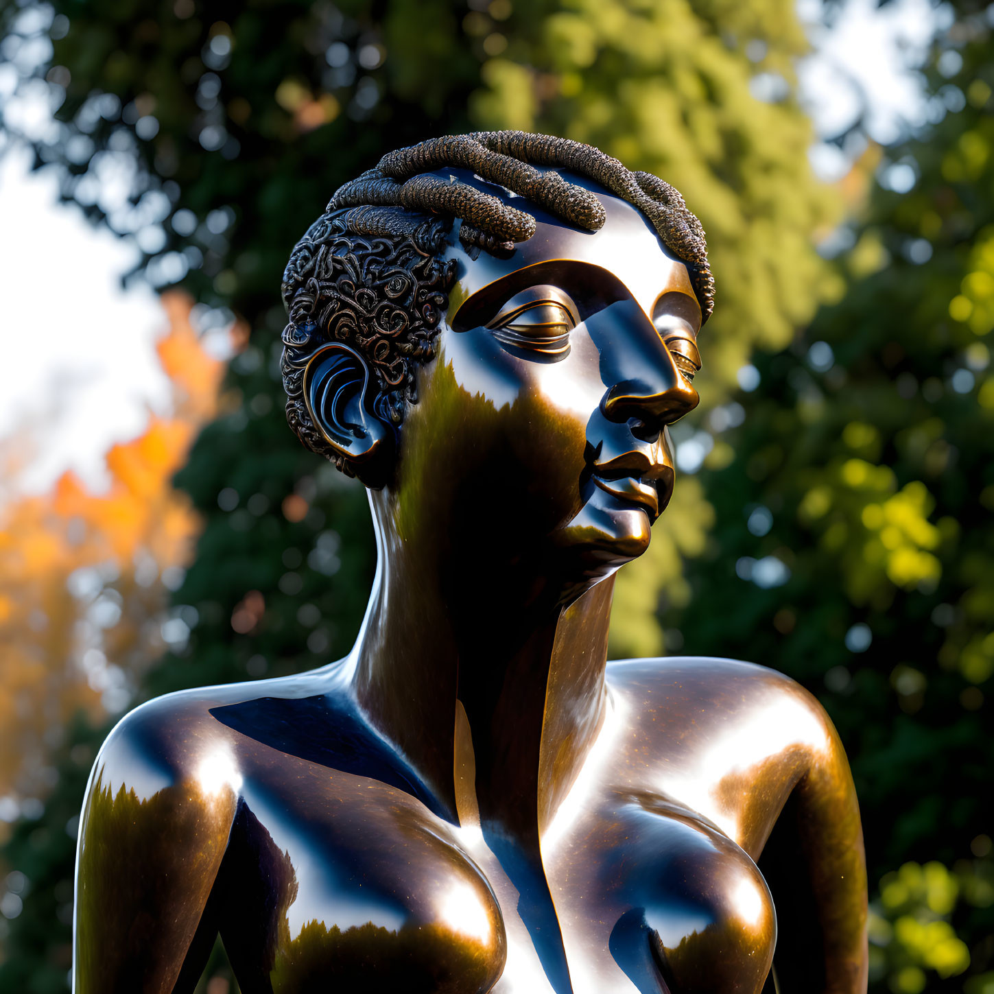 Bronze statue of woman with detailed hair, gazing to the side in warm sunlight.