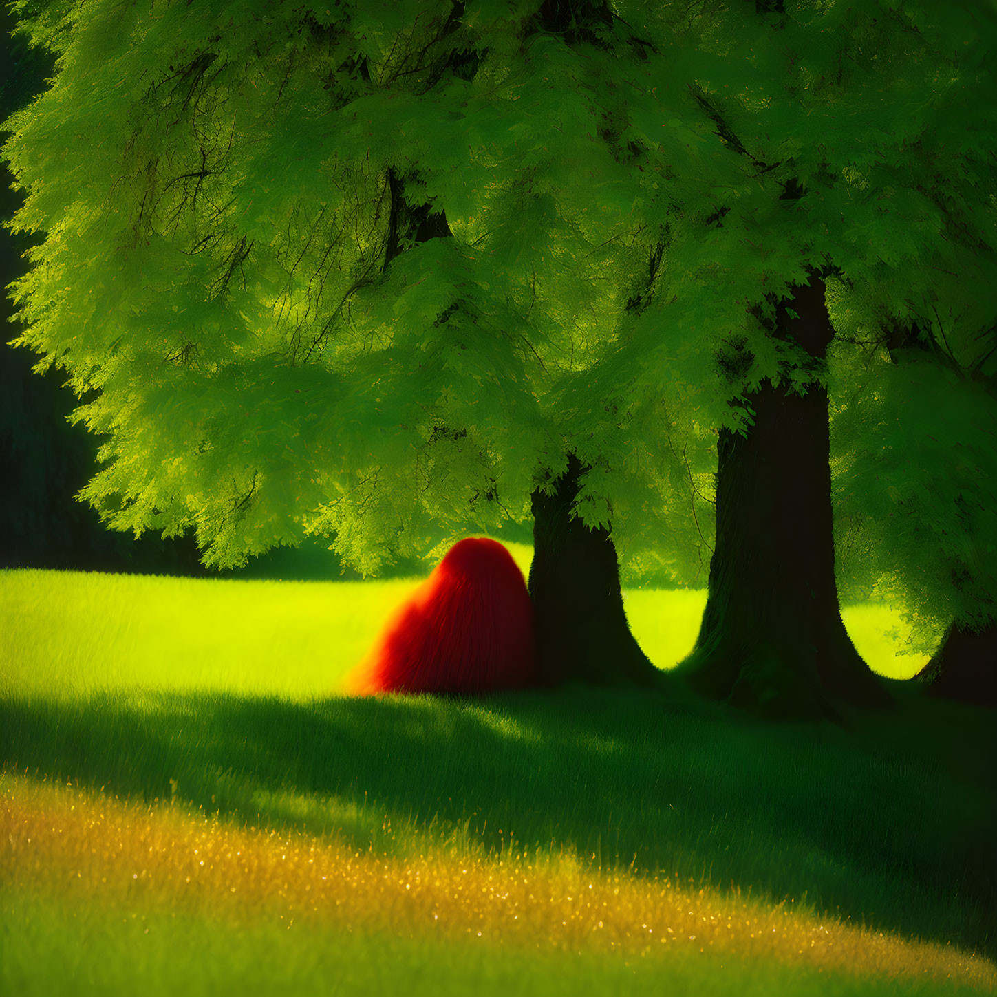 Red-Haired Person Sitting Under Green Tree in Serene Field