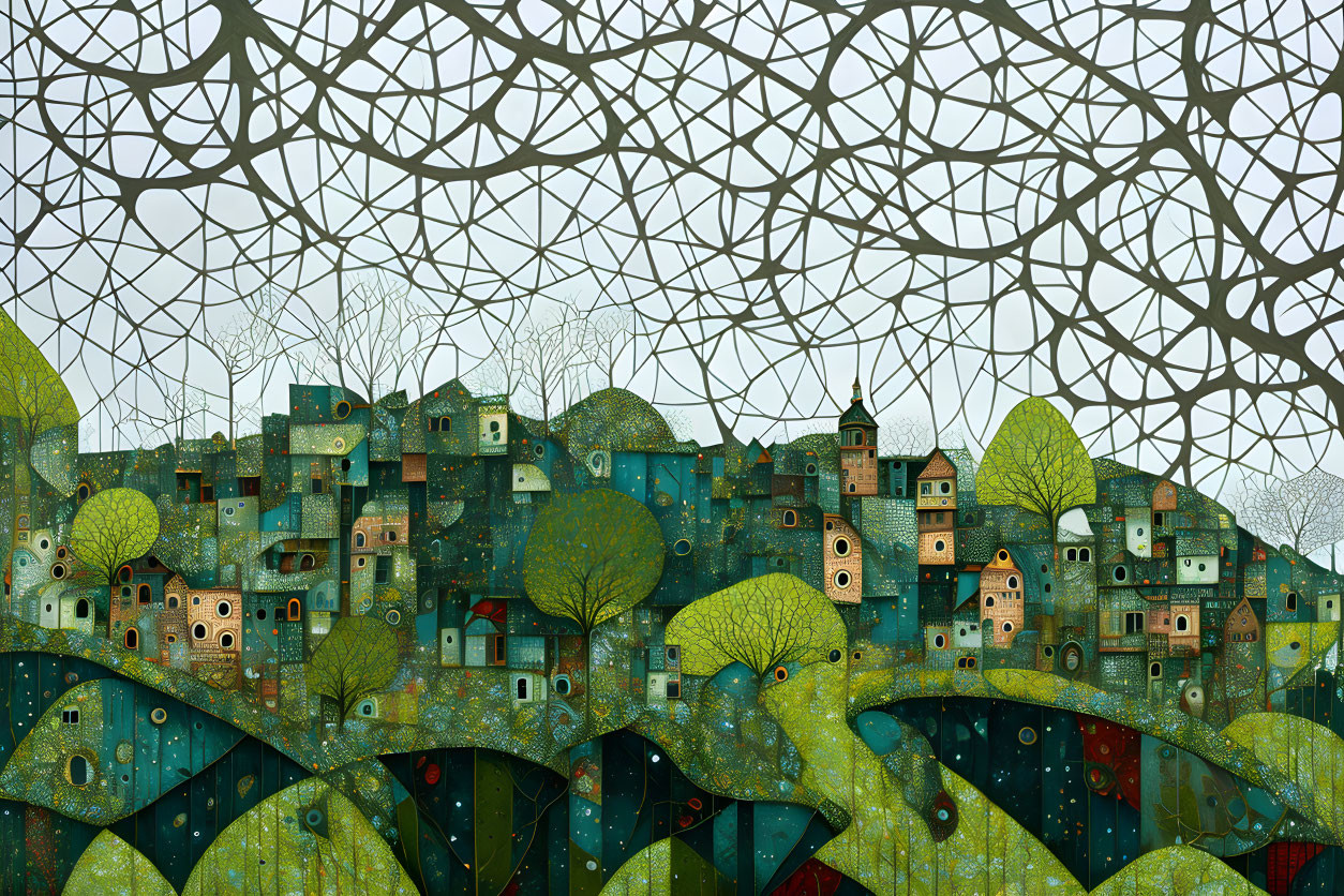 Detailed whimsical village illustration among green hills and lace-like patterns