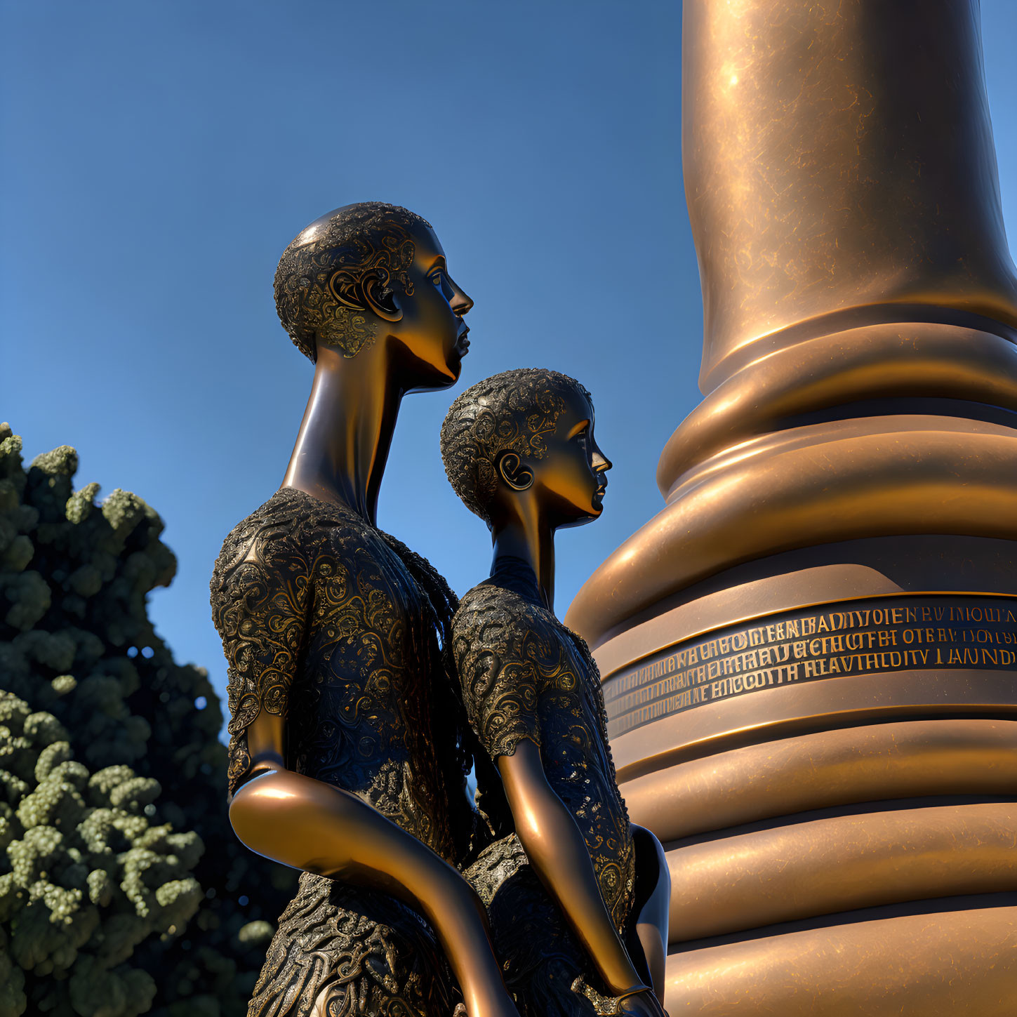 Bronze sculpture of woman and child with ornate clothing, near pillar, under blue sky.