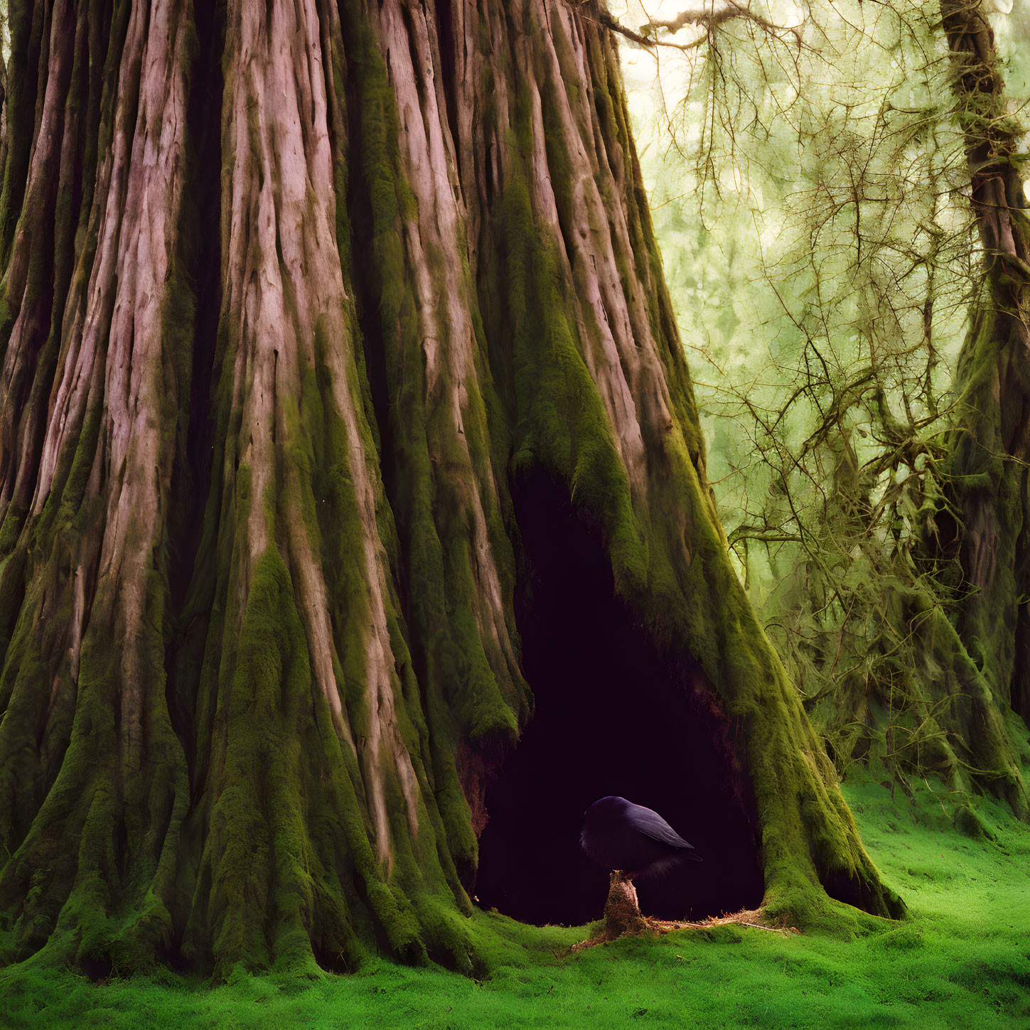 Crow at entrance of mossy tree in lush forest