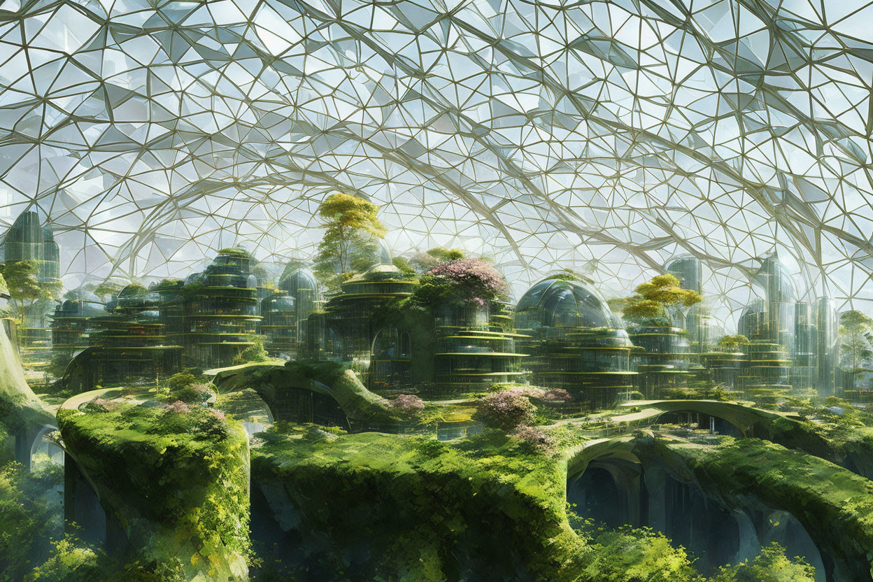 Futuristic greenhouse with domed enclosures and lush greenery under geodesic dome structure