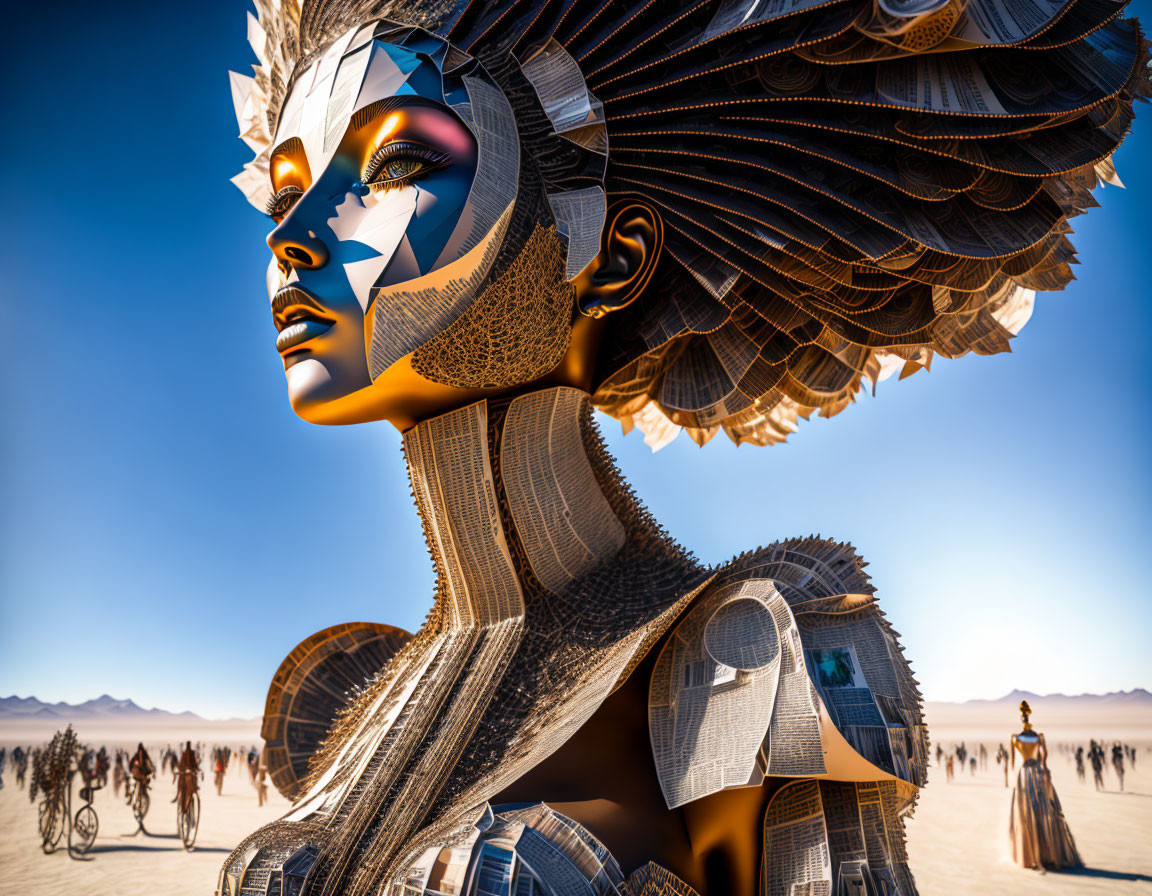 Futuristic female figure with geometric face makeup in desert landscape