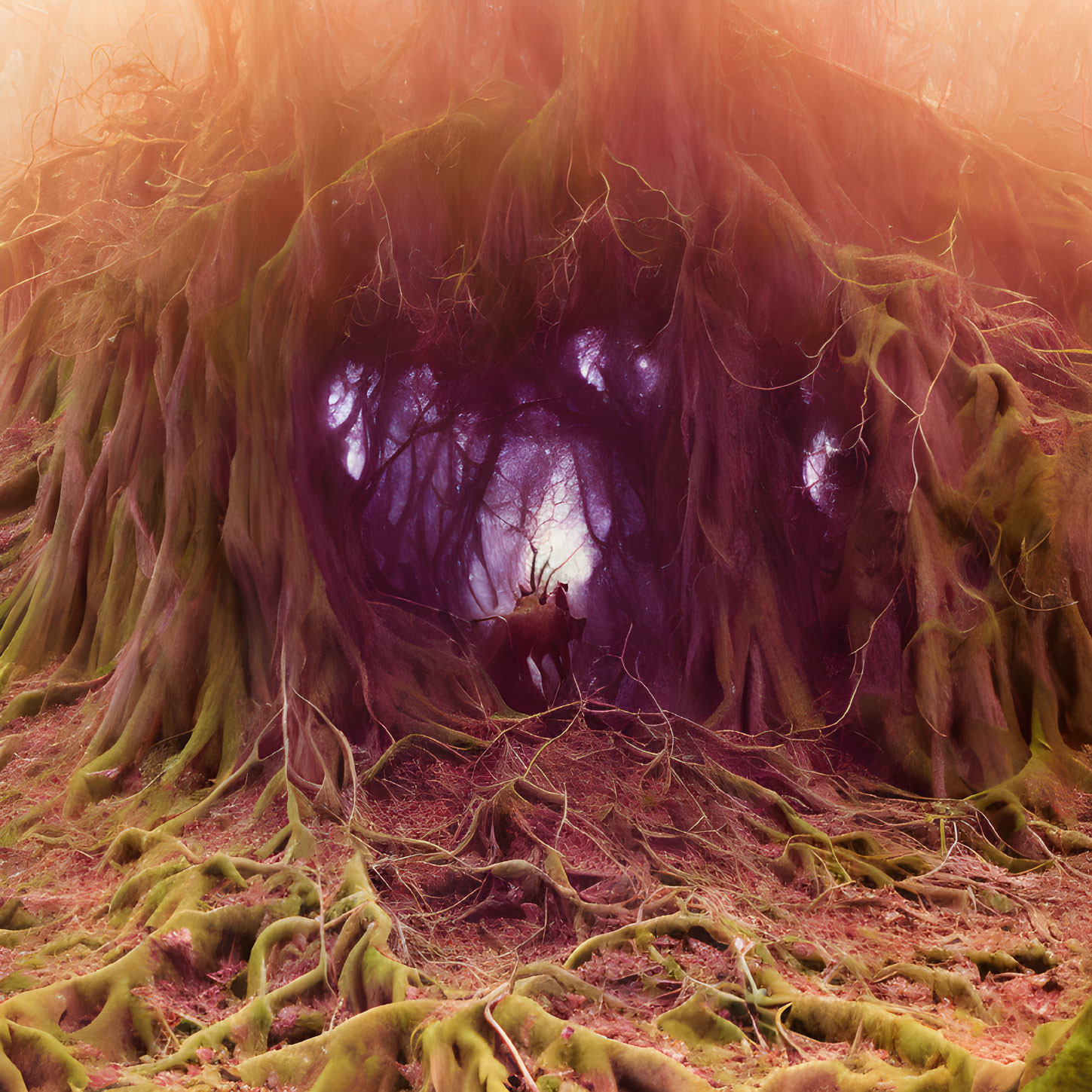 Enchanting forest scene with intricate tree root archway and eerie purple light.