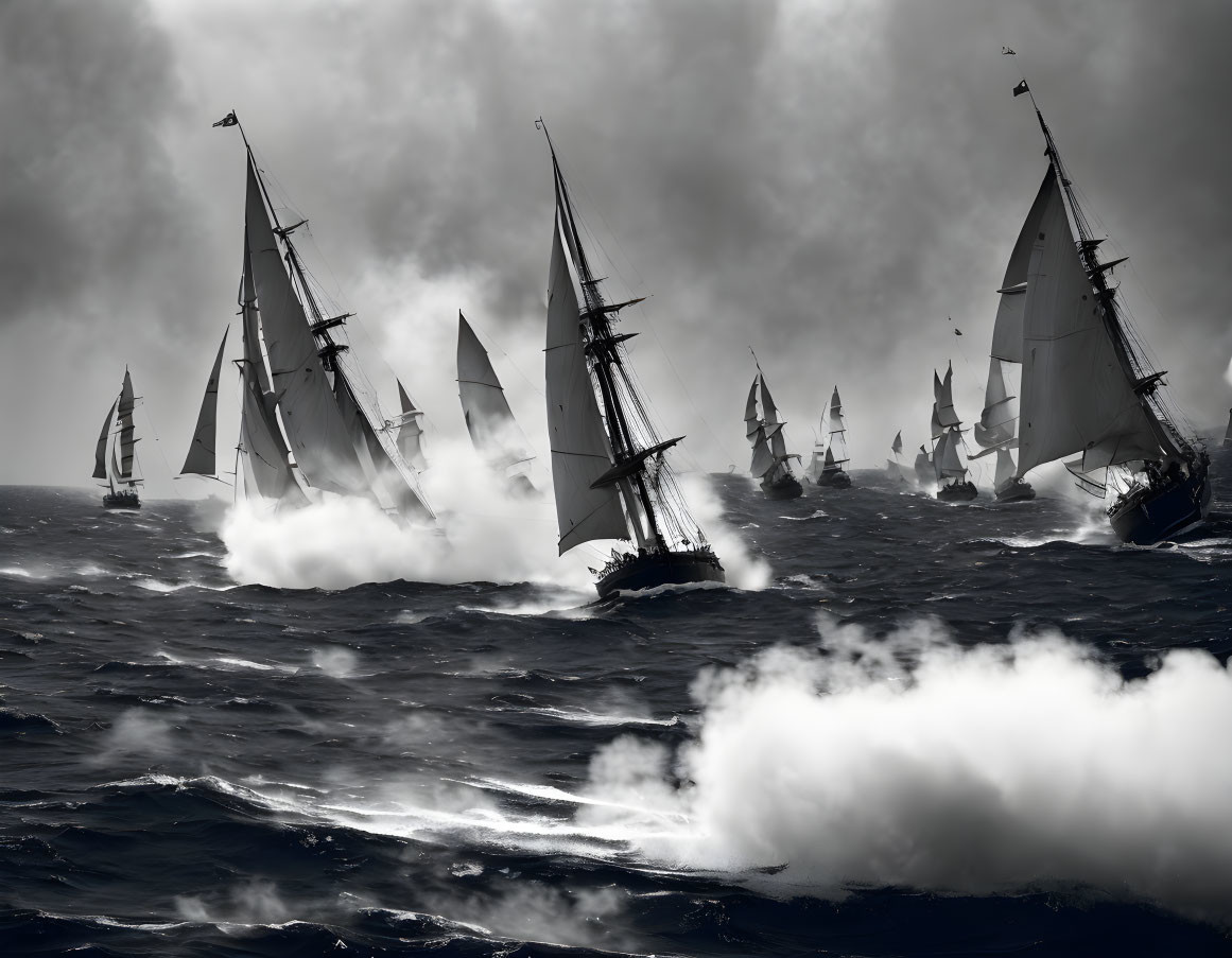 Sailing ships navigating stormy seas with dark clouds and crashing waves