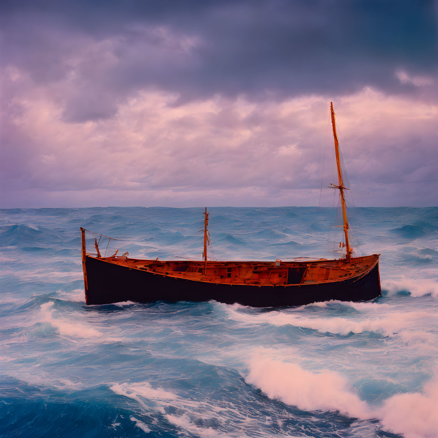 Rusty boat with single mast adrift in stormy sea