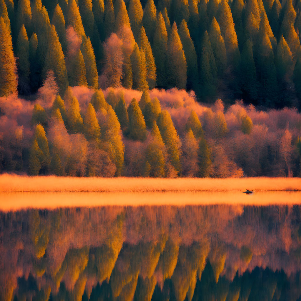 Scenic autumn forest with reflective lake at golden hour