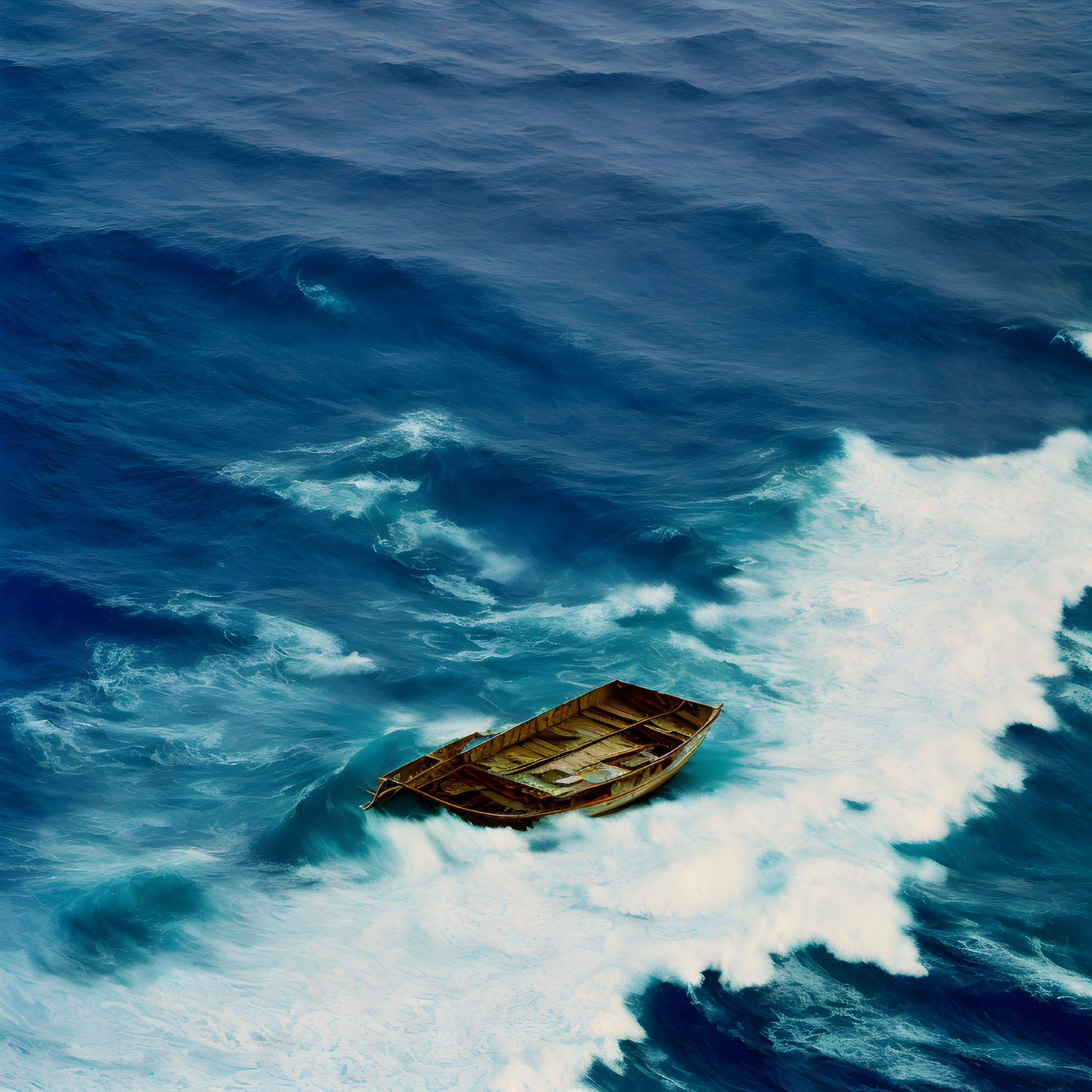 Weathered boat drifting in vast blue ocean with swirling white waves