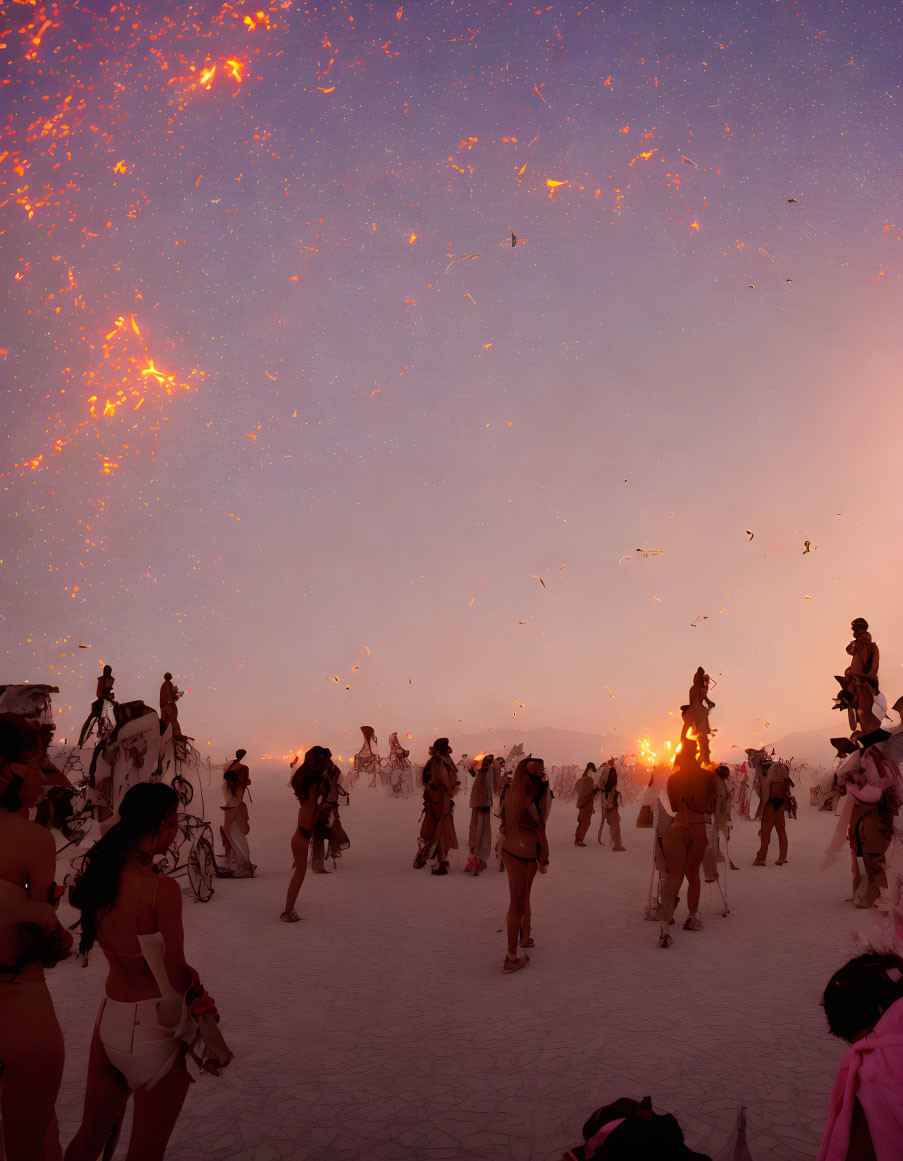 Group of People Gathered on Dusty Ground at Dusk